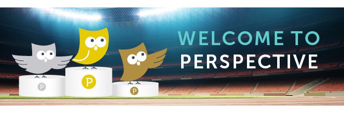 "Welcome to Perspective - three owls in an athletics stadium, stand on the winners podiums, bathed in their respective medal colours."